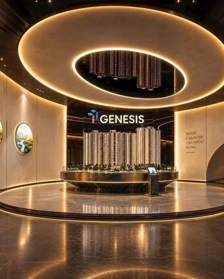 Sảnh đón & mô hình dự án — dưới vòng trần ánh sáng Genesis