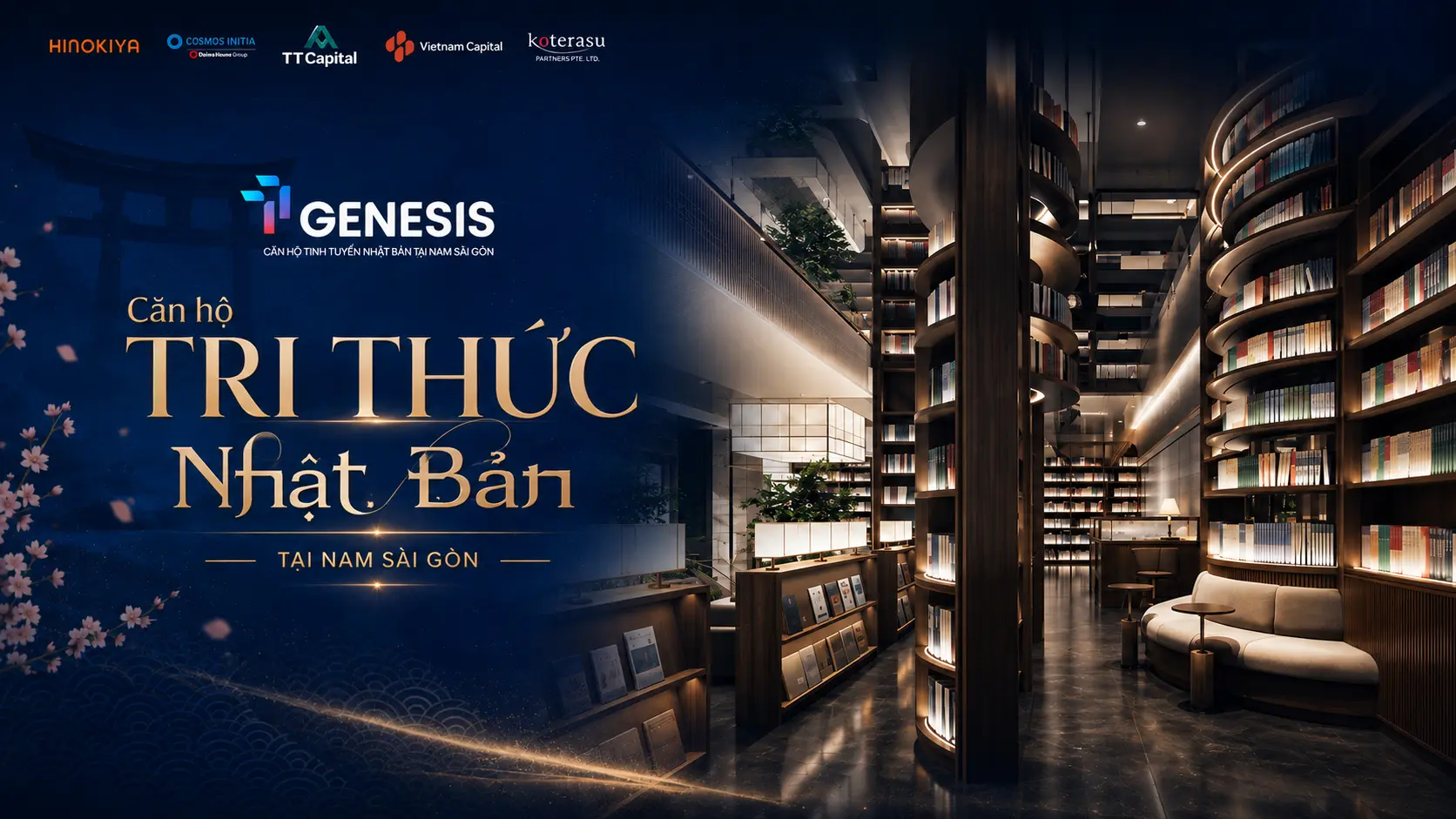Không gian trải nghiệm Thư viện Tri thức TT Genesis, cùng logo các đối tác phát triển dự án
